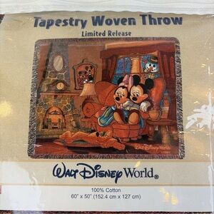 Disney World Woven Tapestry Throw Blanket 60 x 50 Mickey Minnie Pluto Fireplace
